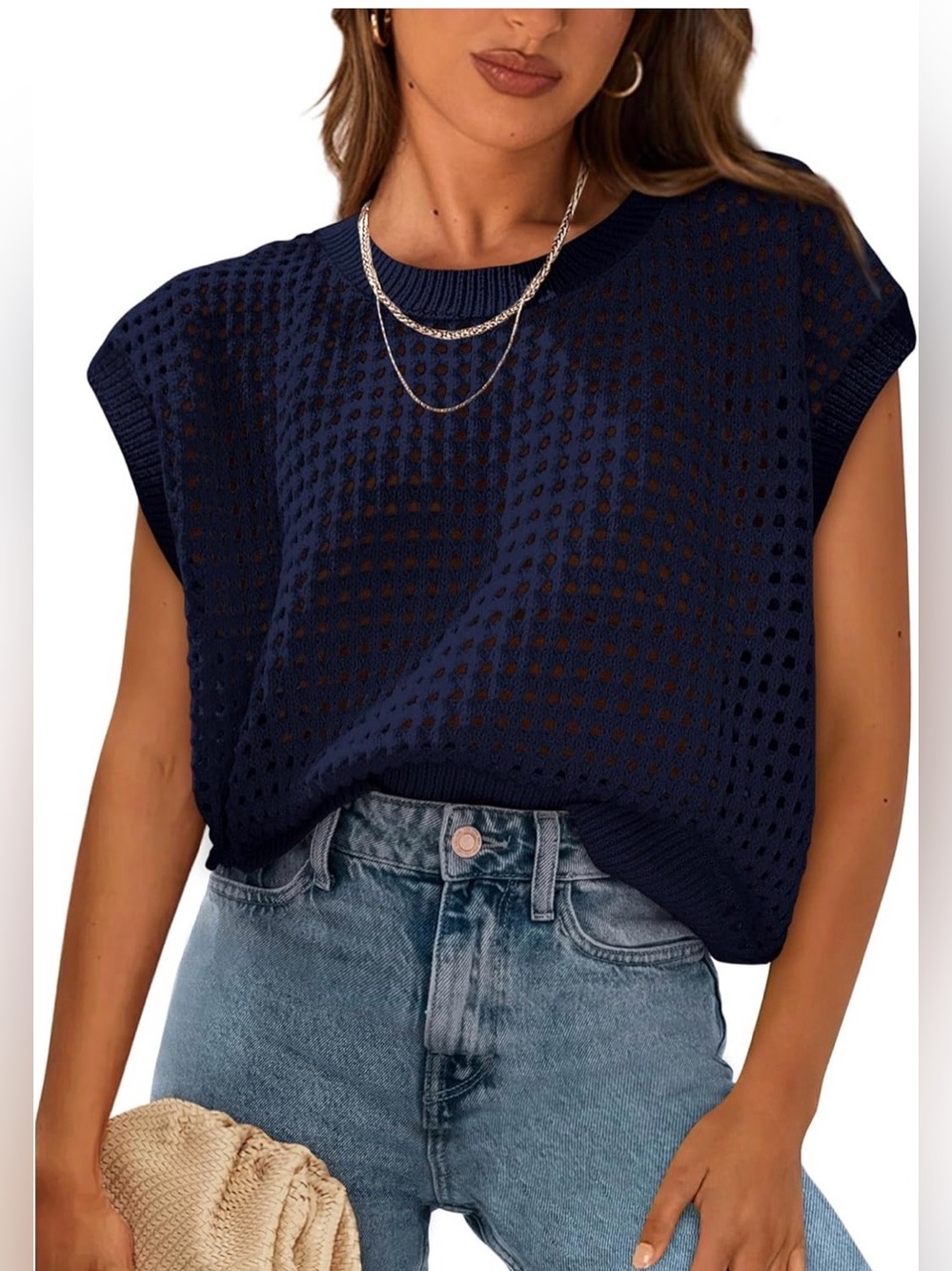 Navy PRETTYGARDEN Womens Spring 2026 Summer Crochet Cap Sleeve vest 100% cotton